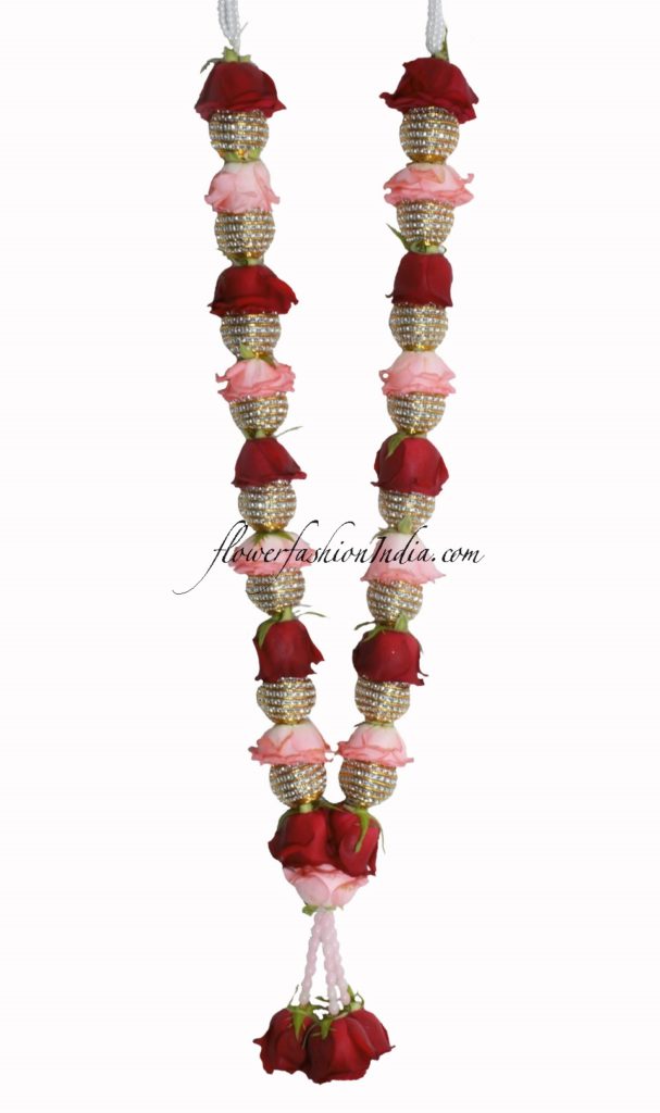 Red & Pink Rose Flower Garland With Golden Balls