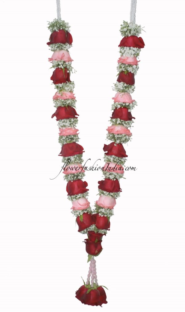 Red And Pink Rose Flower Garland With Baby's Breath