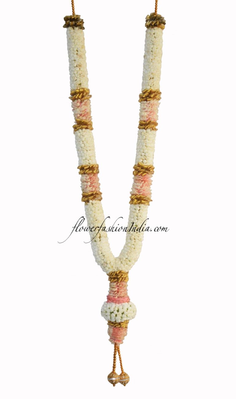 Shop For Jasmine And Pink Rose Petal Garland With Golden Adornments For ...