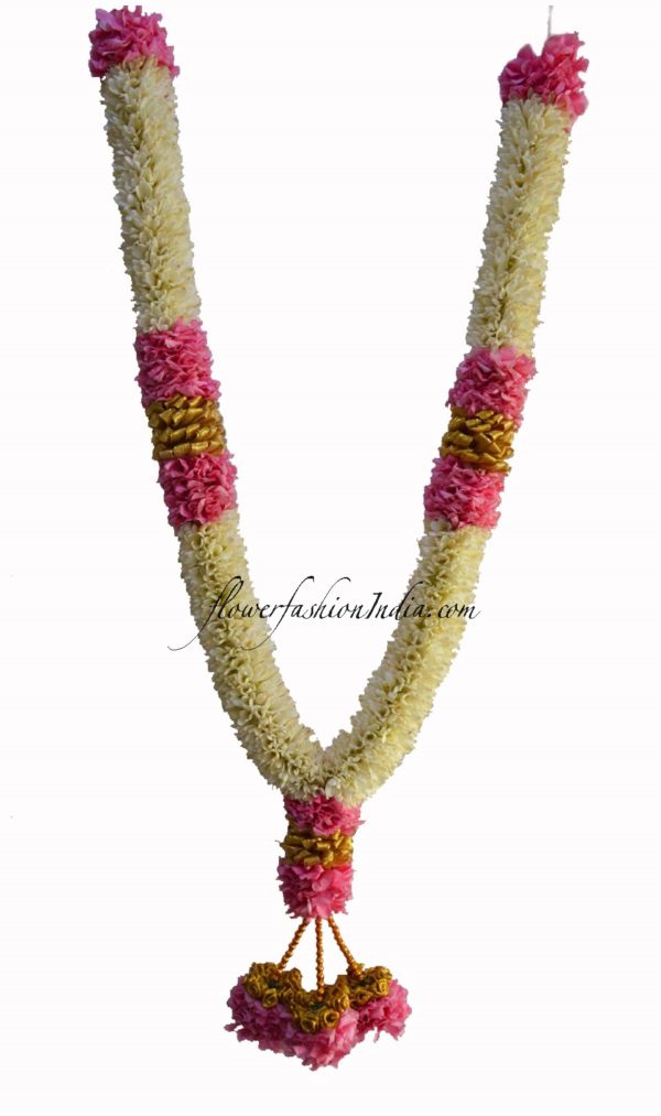 Sugandharaj With Pink Ganeri Flowers And Gold Tissue Garland