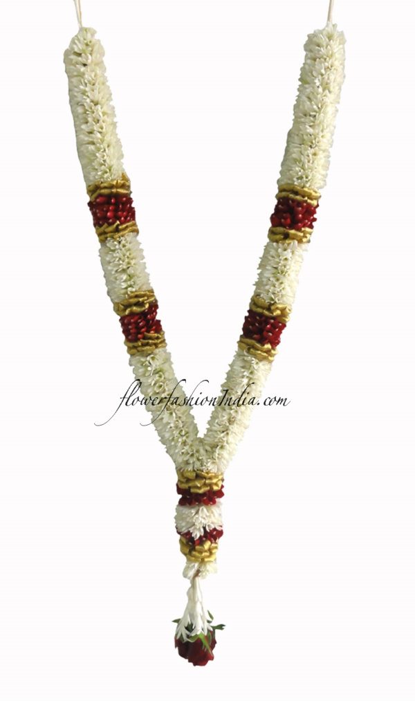 Sugandharaj And Red Rose Petals With Gold Tissue Varmala