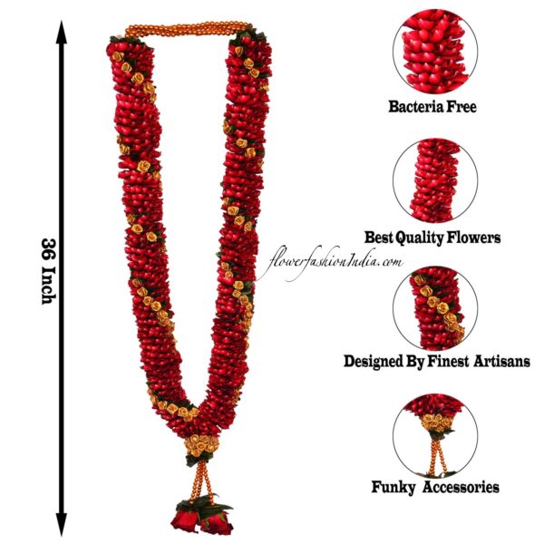 : Red Rose Petal Garland With Golden Beads Specifications