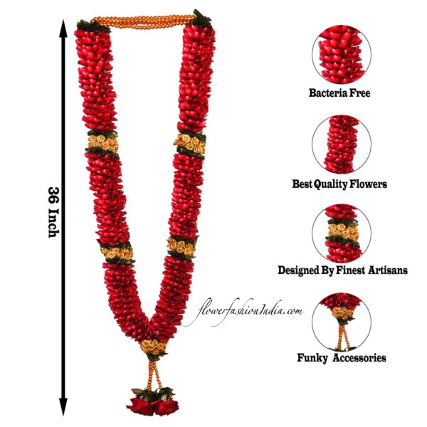 : Red Rose Petal Garland With Golden Beads Specifications