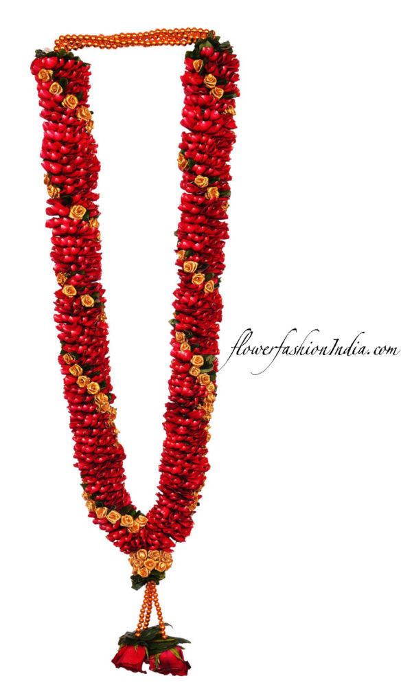 Red Rose Petal Garland With Golden Beads And Spiral Gold Tissue Flowers