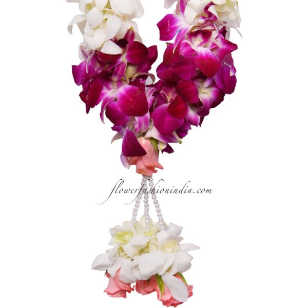 White & Purple Orchid Garland With Pink Rose Petals Specification