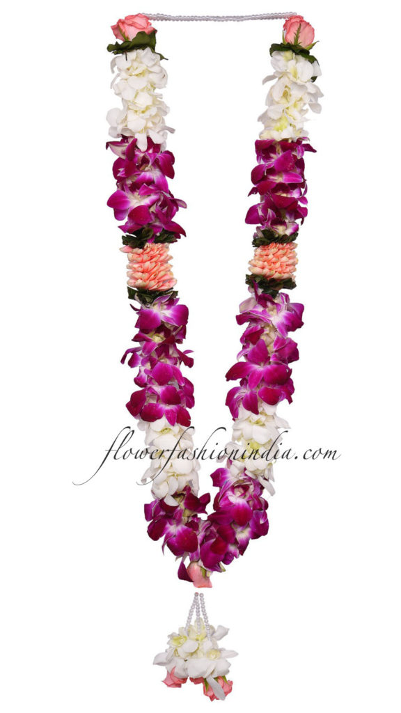 White & Purple Orchid Garland With Pink Rose Petals And Buds (1 PAIR