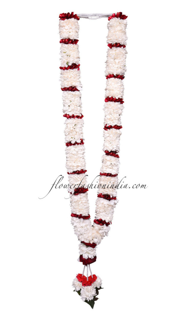 White Samantige & Red Rose Petals & Buds Garland With Few Greens