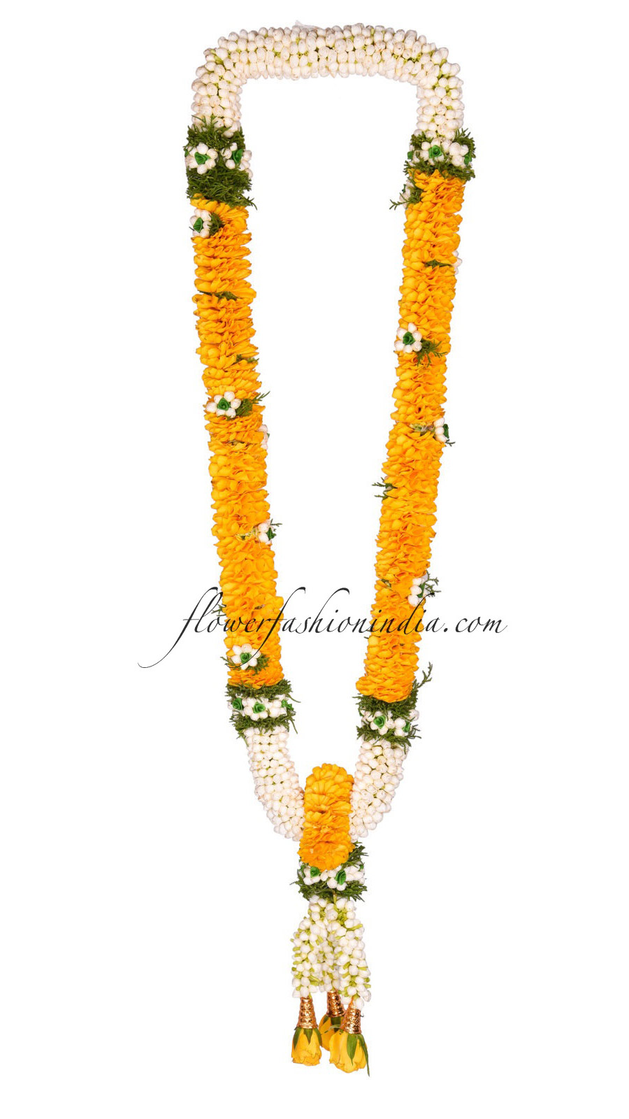 Jasmine Non Fragrance  Yellow Rose Garland With Greens  Green Satin  Flowers (1 PAIR) Flower Fashion India