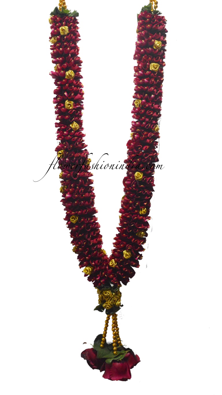 Purchase Online Fresh Red Rose Petal Garland Adorned With Golden Beads ...