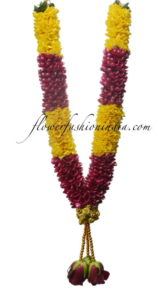 Red And Yellow Rose Petals Flower Garland With Straight Gold Tissue ...